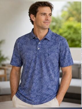 TailorByrd Performance Golf Polo Shirt Blue Floral All Over Print Men's Size XL